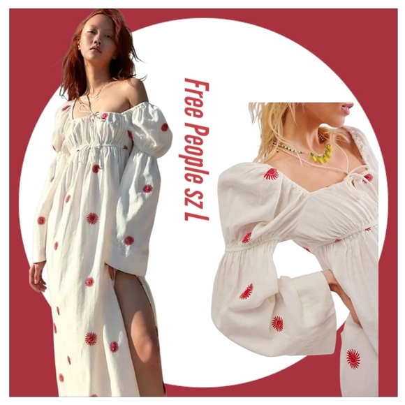 NWT Free People Woman Midi Dress  Embroidered White and Red Long Sleeve Sz L - Picture 2 of 12
